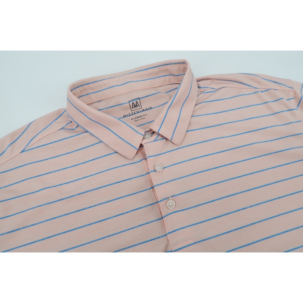 Mizzen + Main‎ Versa Polo Shirt Mens XL Trim Peach Blue Striped Performance Golf